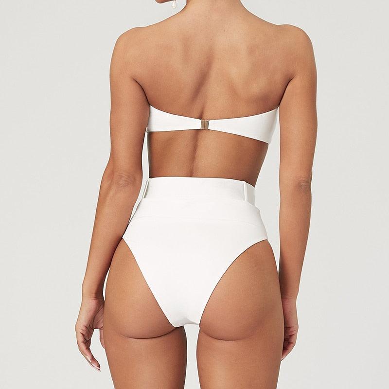 High Waist Bikini Black Swimwear Women Swimsuit High Leg Bikinis Set Women High Waist Bandeau Bikini Set Strapless 2 Piece Bathing Suit Swimsuits Tie Wrap Swimsuits Swimming for Bathing Suit Woman Swimsuits Stevvex