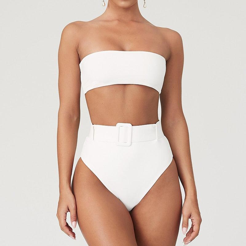High Waist Bikini Black Swimwear Women Swimsuit High Leg Bikinis Set Women High Waist Bandeau Bikini Set Strapless 2 Piece Bathing Suit Swimsuits Tie Wrap Swimsuits Swimming for Bathing Suit Woman Swimsuits Stevvex
