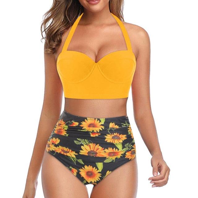 High Waist Bikini Leaf Print Swimsuit Women Push Up Swimwear Female Halter Bathing Suit Vintage Swimming Suit Women Vintage Underwire High Waist Swimsuit Two Pieces Halter Lace Up Adjustable Bikini Top Stevvex