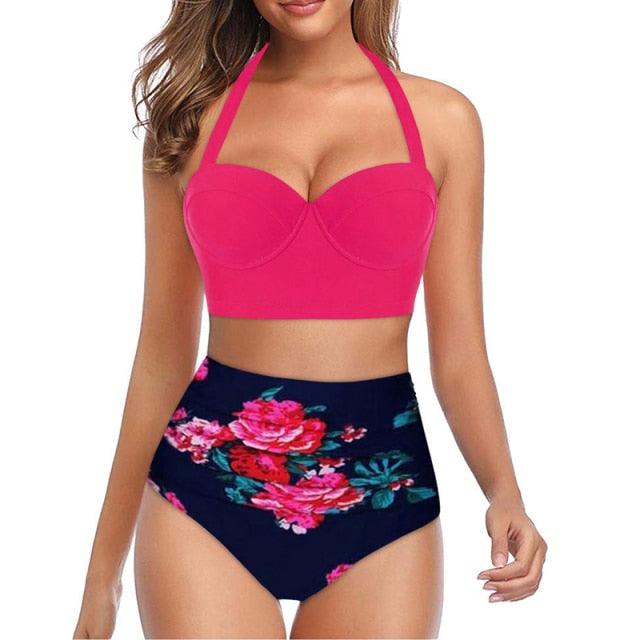High Waist Bikini Leaf Print Swimsuit Women Push Up Swimwear Female Halter Bathing Suit Vintage Swimming Suit Women Vintage Underwire High Waist Swimsuit Two Pieces Halter Lace Up Adjustable Bikini Top Stevvex