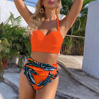 High Waist Bikini Leaf Print Swimsuit Women Push Up Swimwear Female Halter Bathing Suit Vintage Swimming Suit Women Vintage Underwire High Waist Swimsuit Two Pieces Halter Lace Up Adjustable Bikini Top Stevvex