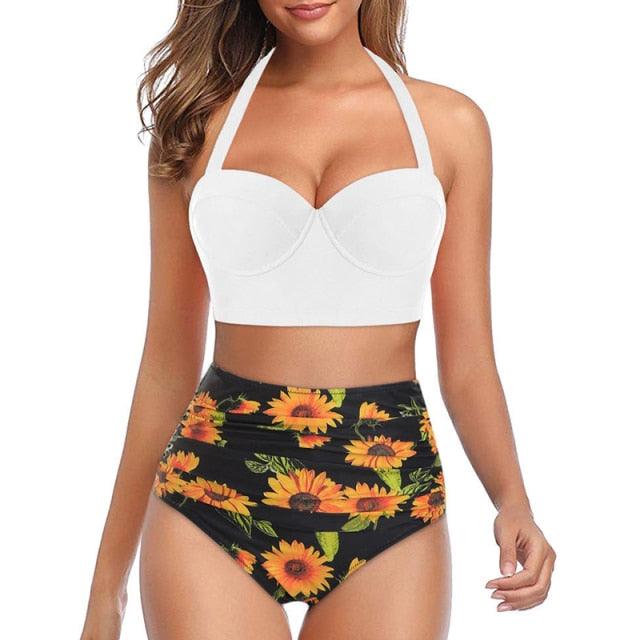 High Waist Bikini Leaf Print Swimsuit Women Push Up Swimwear Female Halter Bathing Suit Vintage Swimming Suit Women Vintage Underwire High Waist Swimsuit Two Pieces Halter Lace Up Adjustable Bikini Top Stevvex