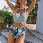 High Waist Bikini Leaf Print Swimsuit Women Push Up Swimwear Female Halter Bathing Suit Vintage Swimming Suit Women Vintage Underwire High Waist Swimsuit Two Pieces Halter Lace Up Adjustable Bikini Top Stevvex