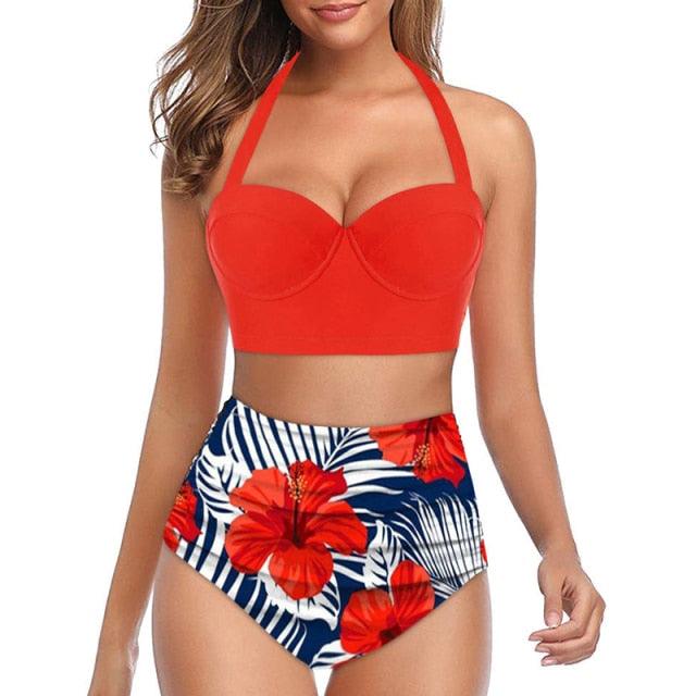 High Waist Bikini Leaf Print Swimsuit Women Push Up Swimwear Female Halter Bathing Suit Vintage Swimming Suit Women Vintage Underwire High Waist Swimsuit Two Pieces Halter Lace Up Adjustable Bikini Top Stevvex