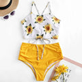 High Waist Bikini Sunflower Swimsuit Women Bikini Floral Swimsuit Floral Crop Tie Knot Front High Waist Bikini Set Two Piece Swimsuit For Women  Summer High Waisted Bathing Suit Stevvex