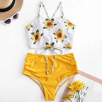 High Waist Bikini Sunflower Swimsuit Women Bikini Floral Swimsuit Floral Crop Tie Knot Front High Waist Bikini Set Two Piece Swimsuit For Women  Summer High Waisted Bathing Suit Stevvex