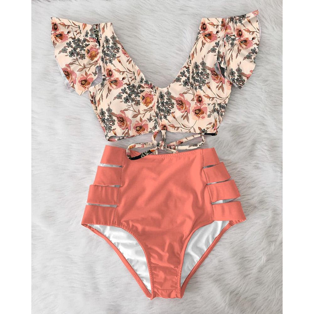 High Waist Bikini Ruffle Swimwear Women Print Swimsuit Push Up Bikinis Plus Size Bathing Suits Floral Beach Wear Bikini Swimsuits for Teen Girls Stevvex