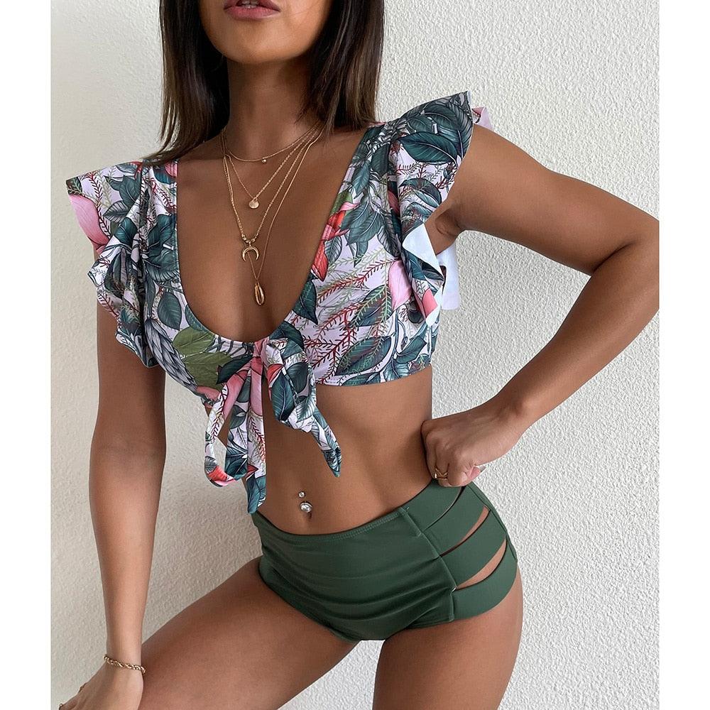 High Waist Bikini Ruffle Swimwear Women Print Swimsuit Push Up Bikinis Plus Size Bathing Suits Floral Beach Wear Bikini Swimsuits for Teen Girls Stevvex