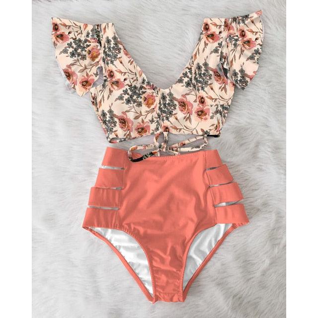 High Waist Bikini Ruffle Swimwear Women Print Swimsuit Push Up Bikinis Plus Size Bathing Suits Floral Beach Wear Bikini Swimsuits for Teen Girls Stevvex