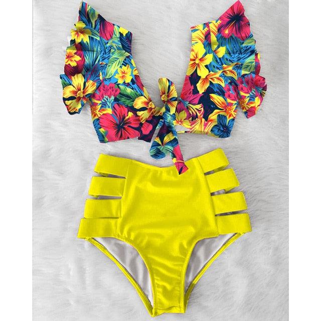 High Waist Bikini Ruffle Swimwear Women Print Swimsuit Push Up Bikinis Plus Size Bathing Suits Floral Beach Wear Bikini Swimsuits for Teen Girls Stevvex