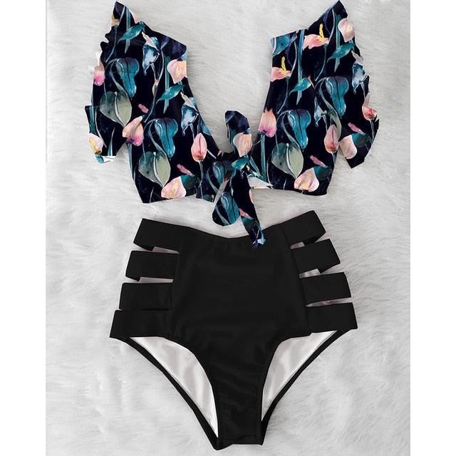 High Waist Bikini Ruffle Swimwear Women Print Swimsuit Push Up Bikinis Plus Size Bathing Suits Floral Beach Wear Bikini Swimsuits for Teen Girls Stevvex