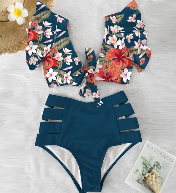 High Waist Bikini Ruffle Swimwear Women Print Swimsuit Push Up Bikinis Plus Size Bathing Suits Floral Beach Wear Bikini Swimsuits for Teen Girls Stevvex