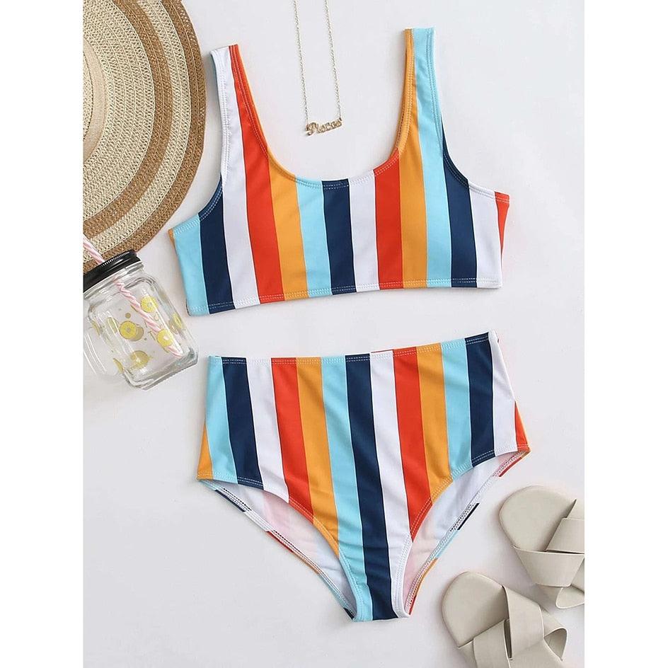 High Waist Bikini Striped Swimsuit Women Swimwear Women's Bathing Suit Triangle Bikini Low Waist Two Piece Swimsuit Female Push up Bikini Set Swimming Wear for Bathing Suit Swimsuits Stevvex