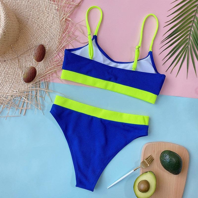 High Waist Bikini Swimsuits Women Push Up Swimwear Ribbed Bathing Suit Strap  Bikinis Set Beachwear High Waist Bathing Suit Full Coverage Two Piece Swimsuit Stevvex