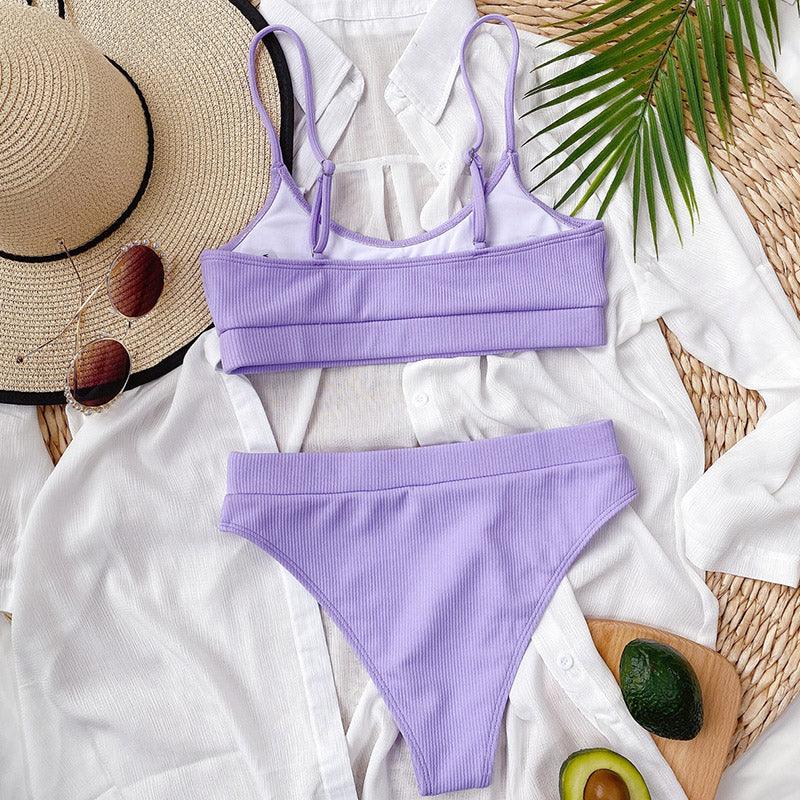 High Waist Bikini Swimsuits Women Push Up Swimwear Ribbed Bathing Suit Strap  Bikinis Set Beachwear High Waist Bathing Suit Full Coverage Two Piece Swimsuit Stevvex