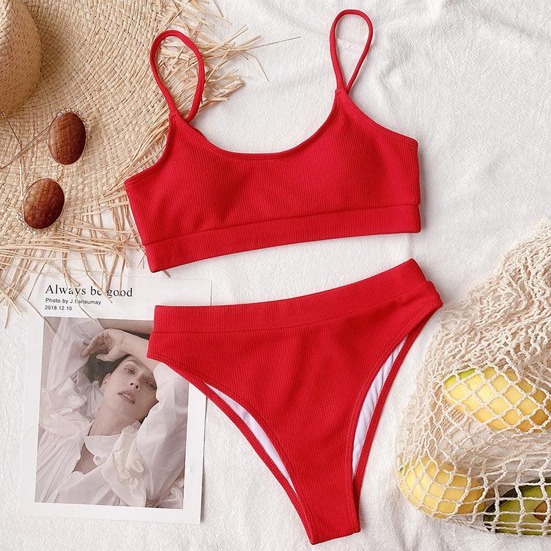 High Waist Bikini Swimsuits Women Push Up Swimwear Ribbed Bathing Suit Strap  Bikinis Set Beachwear High Waist Bathing Suit Full Coverage Two Piece Swimsuit Stevvex