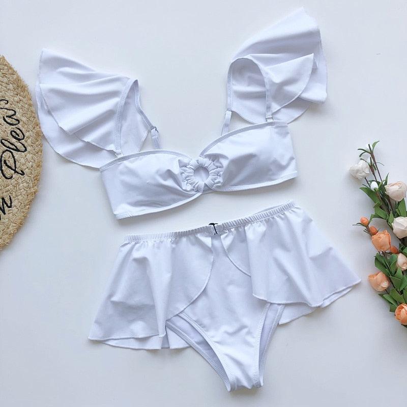High Waist Bikini Swimwear Women High Waist Flounce Bikini Set Off Shoulder Print Two Piece Bikini Swimsuit Women Print Swimsuit Push Up Ruffle Bikinis Set Women Bandage Bathing Suit Summer Beachwear Stevvex