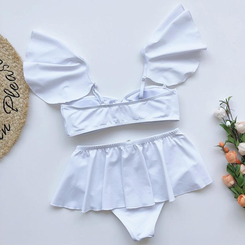 High Waist Bikini Swimwear Women High Waist Flounce Bikini Set Off Shoulder Print Two Piece Bikini Swimsuit Women Print Swimsuit Push Up Ruffle Bikinis Set Women Bandage Bathing Suit Summer Beachwear Stevvex