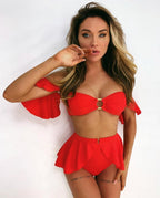High Waist Bikini Swimwear Women High Waist Flounce Bikini Set Off Shoulder Print Two Piece Bikini Swimsuit Women Print Swimsuit Push Up Ruffle Bikinis Set Women Bandage Bathing Suit Summer Beachwear Stevvex