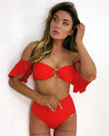 High Waist Bikini Swimwear Women High Waist Flounce Bikini Set Off Shoulder Print Two Piece Bikini Swimsuit Women Print Swimsuit Push Up Ruffle Bikinis Set Women Bandage Bathing Suit Summer Beachwear Stevvex