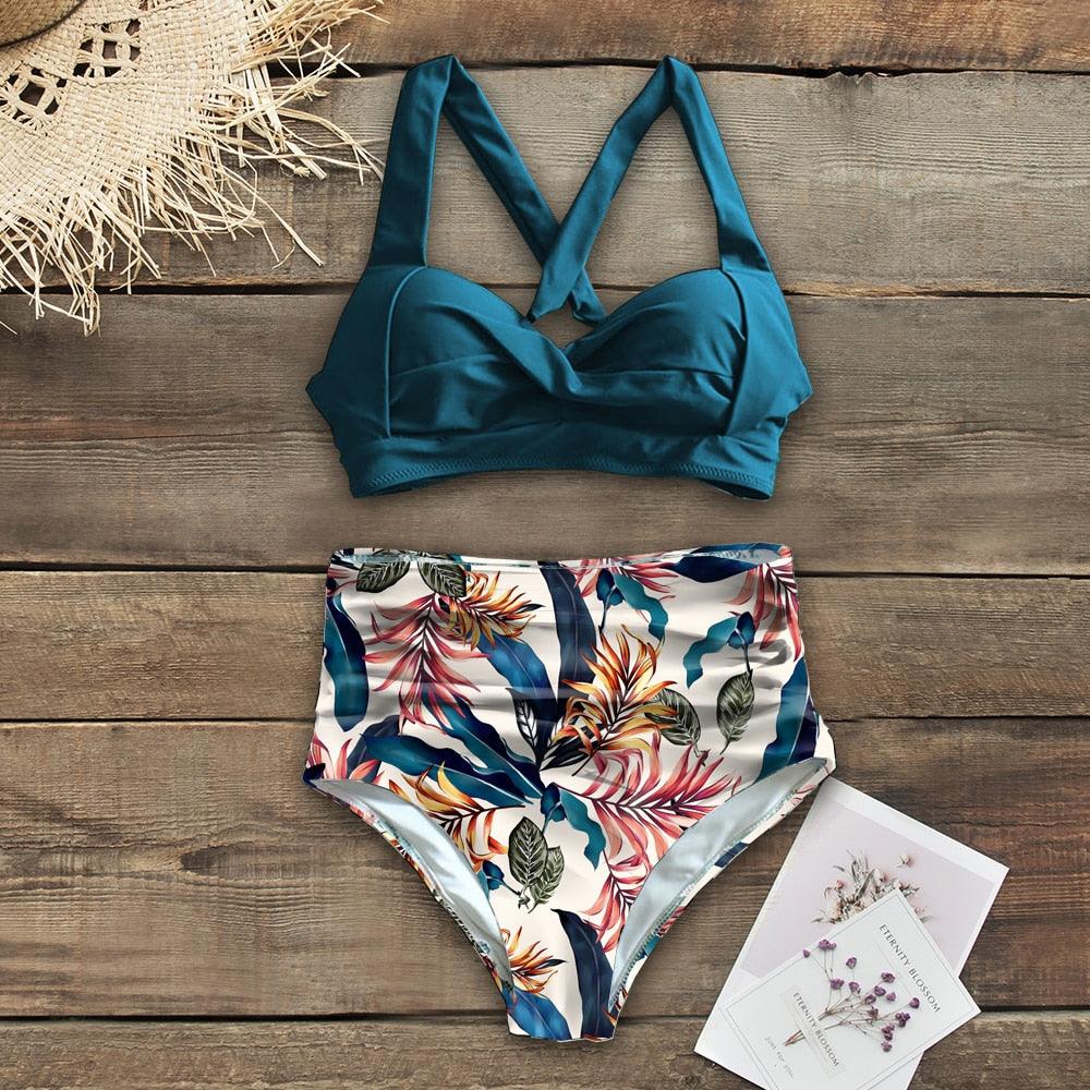 High Waist Bikinis New Halter Swimwear Women Swimsuit Female Bikini Set Print Bathing Suit Summer Two Piece Bikini Swimsuit for Women High Waist Halter Wrap Bathing Suits with Bikini Bottom Stevvex