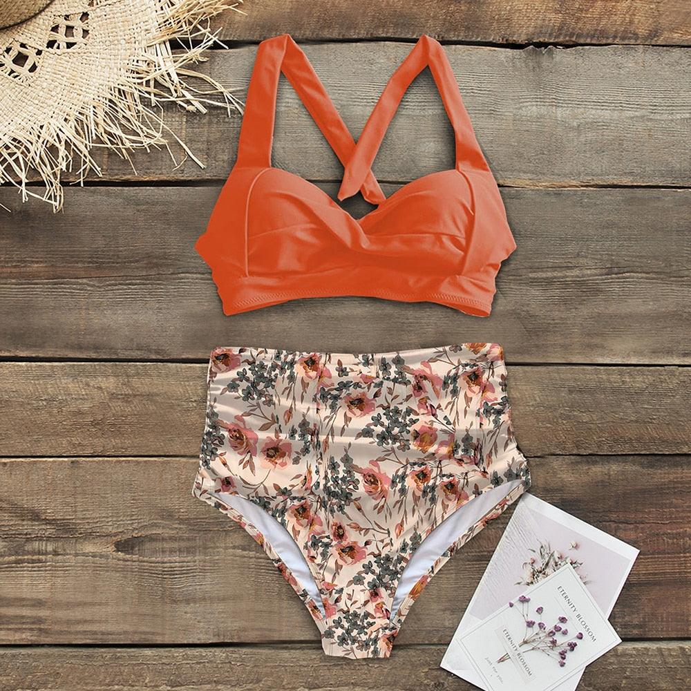 High Waist Bikinis New Halter Swimwear Women Swimsuit Female Bikini Set Print Bathing Suit Summer Two Piece Bikini Swimsuit for Women High Waist Halter Wrap Bathing Suits with Bikini Bottom Stevvex