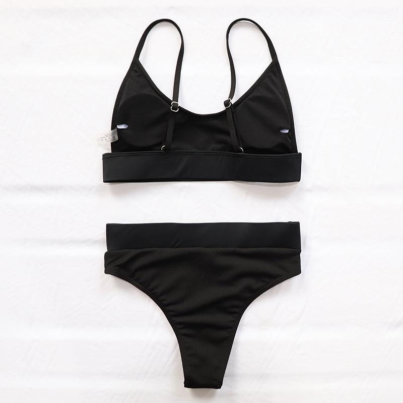High Waist Bikinis Ribbed Swimwear Women Push Up Swimsuits Women's Scoop Neck Swimsuits High Waist Bikini Sets 2 Piece Bathing Suit Solid Strap Bathing Suit Female Set Stevvex