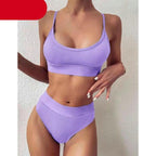 High Waist Bikinis Ribbed Swimwear Women Push Up Swimsuits Women's Scoop Neck Swimsuits High Waist Bikini Sets 2 Piece Bathing Suit Solid Strap Bathing Suit Female Set Stevvex