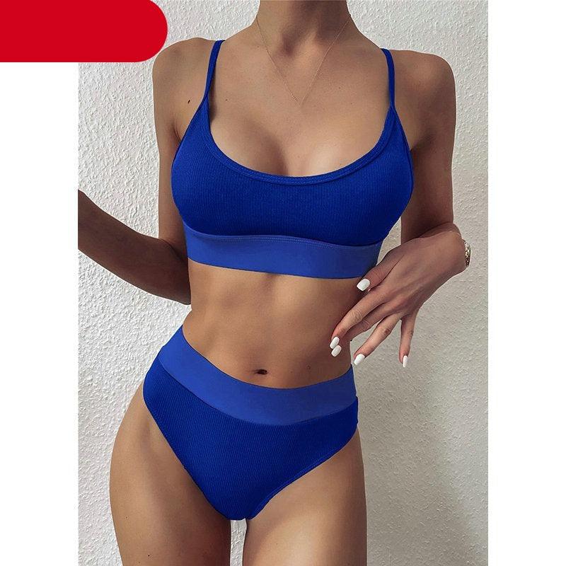 High Waist Bikinis Ribbed Swimwear Women Push Up Swimsuits Women's Scoop Neck Swimsuits High Waist Bikini Sets 2 Piece Bathing Suit Solid Strap Bathing Suit Female Set Stevvex