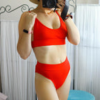 High Waist Bikinis Ribbed Swimwear Women Push Up Swimsuits Women's Scoop Neck Swimsuits High Waist Bikini Sets 2 Piece Bathing Suit Solid Strap Bathing Suit Female Set Stevvex
