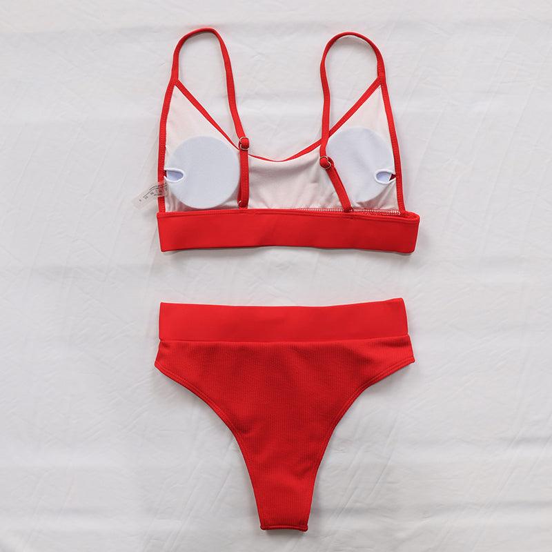 High Waist Bikinis Ribbed Swimwear Women Push Up Swimsuits Women's Scoop Neck Swimsuits High Waist Bikini Sets 2 Piece Bathing Suit Solid Strap Bathing Suit Female Set Stevvex