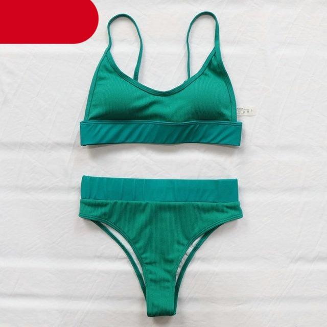 High Waist Bikinis Ribbed Swimwear Women Push Up Swimsuits Women's Scoop Neck Swimsuits High Waist Bikini Sets 2 Piece Bathing Suit Solid Strap Bathing Suit Female Set Stevvex