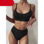High Waist Bikinis Ribbed Swimwear Women Push Up Swimsuits Women's Scoop Neck Swimsuits High Waist Bikini Sets 2 Piece Bathing Suit Solid Strap Bathing Suit Female Set Stevvex