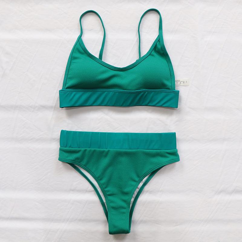 High Waist Bikinis Ribbed Swimwear Women Push Up Swimsuits Women's Scoop Neck Swimsuits High Waist Bikini Sets 2 Piece Bathing Suit Solid Strap Bathing Suit Female Set Stevvex