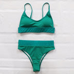 High Waist Bikinis Ribbed Swimwear Women Push Up Swimsuits Women's Scoop Neck Swimsuits High Waist Bikini Sets 2 Piece Bathing Suit Solid Strap Bathing Suit Female Set Stevvex