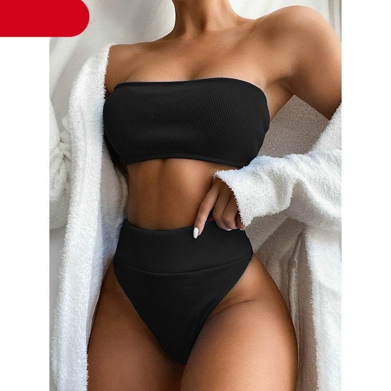 High Waist Bikinis Swimsuits Swimwear Women Black Strapless High Cut Bathing Suit Women  Beachwear Women's Scoop Neck Cut Out Front Lace Up Back High Cut One Piece Swimsuit Stevvex