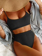 High Waist Bikinis Swimwear Women Push Up Swimsuits Solid High Waist Bikini Sets Sporty Two Pieces Swimsuit Scoop Neck Bathing Suits for Women Ribbed Bathing Suits High Cut Summer Beachwear Stevvex
