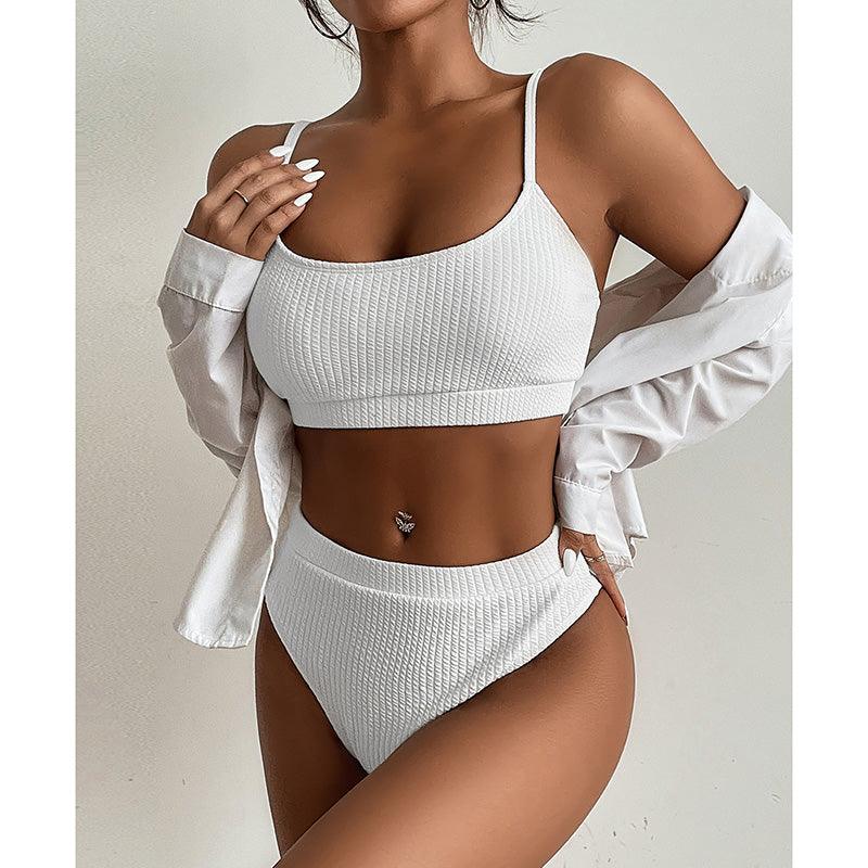 High Waist Bikinis Swimwear Women Push Up Swimsuits Solid High Waist Bikini Sets Sporty Two Pieces Swimsuit Scoop Neck Bathing Suits for Women Ribbed Bathing Suits High Cut Summer Beachwear Stevvex
