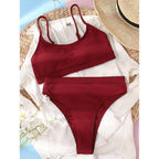 High Waist Bikinis Swimwear Women Push Up Swimsuits Solid High Waist Bikini Sets Sporty Two Pieces Swimsuit Scoop Neck Bathing Suits for Women Ribbed Bathing Suits High Cut Summer Beachwear Stevvex