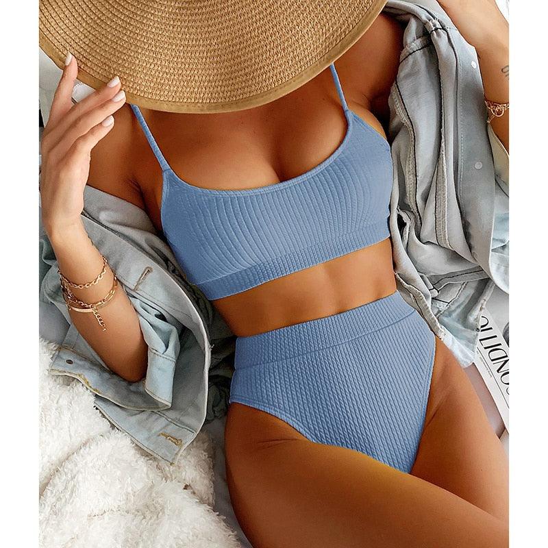 High Waist Bikinis Swimwear Women Push Up Swimsuits Solid High Waist Bikini Sets Sporty Two Pieces Swimsuit Scoop Neck Bathing Suits for Women Ribbed Bathing Suits High Cut Summer Beachwear Stevvex