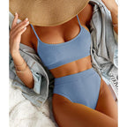 High Waist Bikinis Swimwear Women Push Up Swimsuits Solid High Waist Bikini Sets Sporty Two Pieces Swimsuit Scoop Neck Bathing Suits for Women Ribbed Bathing Suits High Cut Summer Beachwear Stevvex