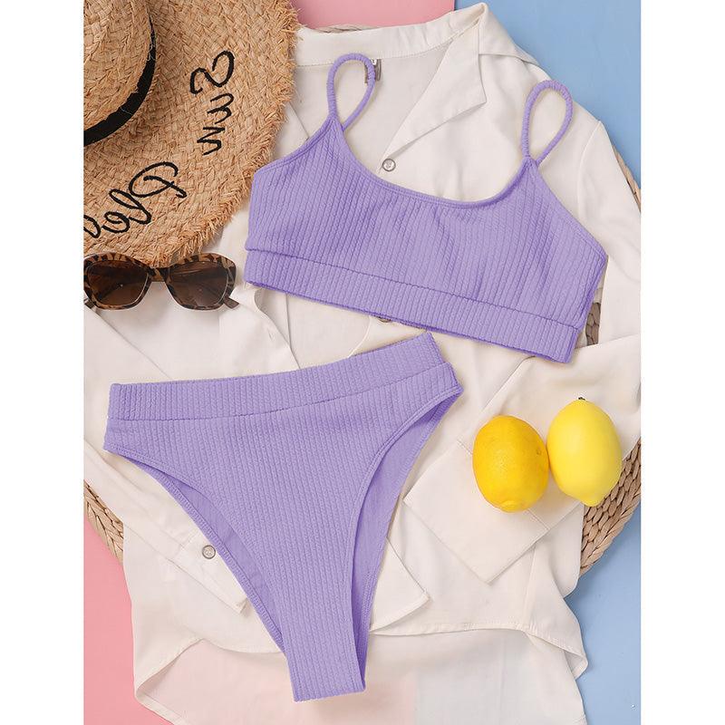 High Waist Bikinis Swimwear Women Push Up Swimsuits Solid High Waist Bikini Sets Sporty Two Pieces Swimsuit Scoop Neck Bathing Suits for Women Ribbed Bathing Suits High Cut Summer Beachwear Stevvex