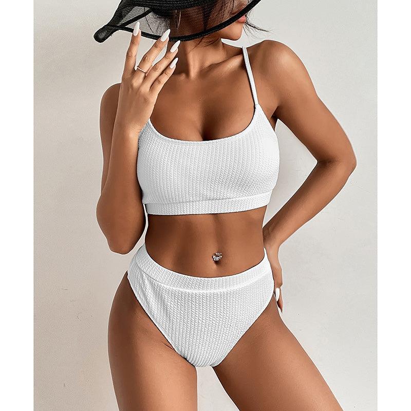 High Waist Bikinis Swimwear Women Push Up Swimsuits Solid High Waist Bikini Sets Sporty Two Pieces Swimsuit Scoop Neck Bathing Suits for Women Ribbed Bathing Suits High Cut Summer Beachwear Stevvex