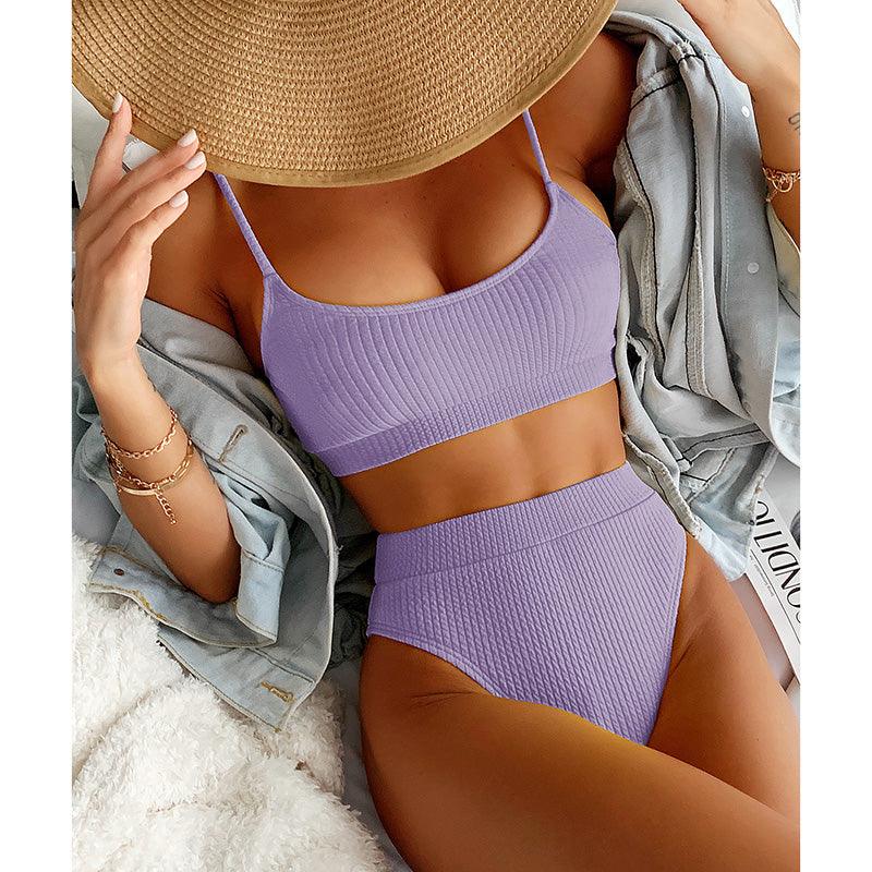 High Waist Bikinis Swimwear Women Push Up Swimsuits Solid High Waist Bikini Sets Sporty Two Pieces Swimsuit Scoop Neck Bathing Suits for Women Ribbed Bathing Suits High Cut Summer Beachwear Stevvex