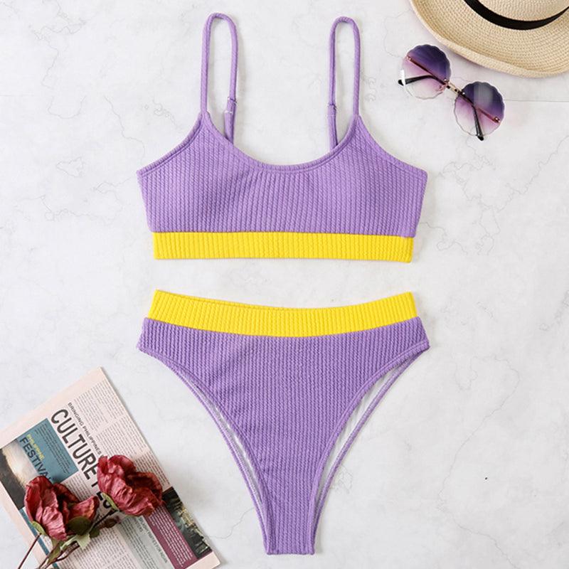 High Waist Bikinis Swimwear Women Push Up Swimsuits Solid High Waist Bikini Sets Sporty Two Pieces Swimsuit Scoop Neck Bathing Suits for Women Ribbed Bathing Suits High Cut Summer Beachwear Stevvex