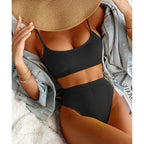 High Waist Bikinis Swimwear Women Push Up Swimsuits Solid High Waist Bikini Sets Sporty Two Pieces Swimsuit Scoop Neck Bathing Suits for Women Ribbed Bathing Suits High Cut Summer Beachwear Stevvex