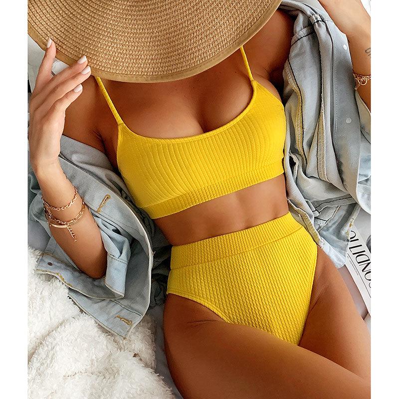 High Waist Bikinis Swimwear Women Push Up Swimsuits Solid High Waist Bikini Sets Sporty Two Pieces Swimsuit Scoop Neck Bathing Suits for Women Ribbed Bathing Suits High Cut Summer Beachwear Stevvex
