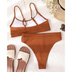 High Waist Bikinis Swimwear Women Push Up Swimsuits Solid High Waist Bikini Sets Sporty Two Pieces Swimsuit Scoop Neck Bathing Suits for Women Ribbed Bathing Suits High Cut Summer Beachwear Stevvex