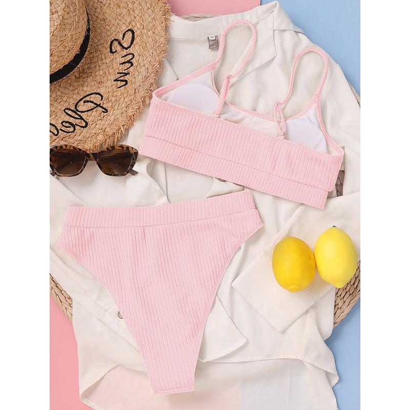 High Waist Bikinis Swimwear Women Push Up Swimsuits Solid High Waist Bikini Sets Sporty Two Pieces Swimsuit Scoop Neck Bathing Suits for Women Ribbed Bathing Suits High Cut Summer Beachwear Stevvex