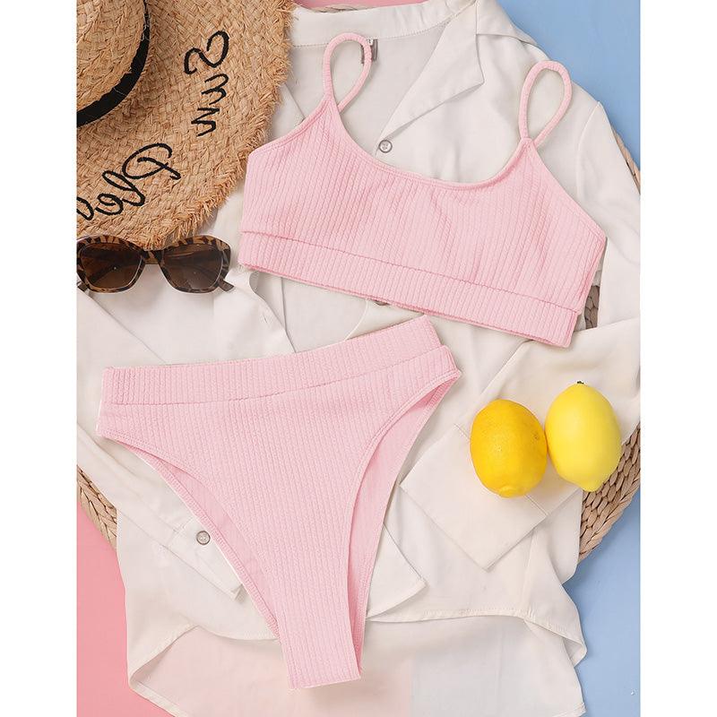 High Waist Bikinis Swimwear Women Push Up Swimsuits Solid High Waist Bikini Sets Sporty Two Pieces Swimsuit Scoop Neck Bathing Suits for Women Ribbed Bathing Suits High Cut Summer Beachwear Stevvex
